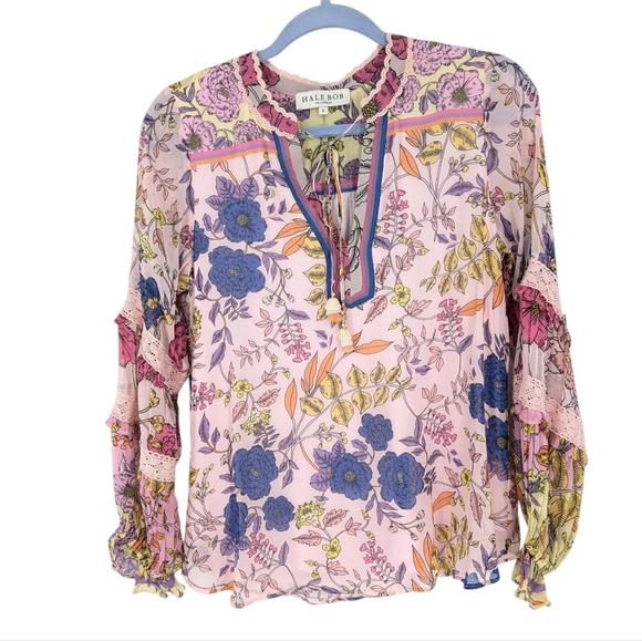 Hale Bob Floral Long Sleeve Blouse Crochet Lace Tassel Tie - Picture 2 of 8